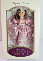 DG Creations Porcelain Doll Ornament Victorian Brunette Ringlets Mauve Pink - $14.80