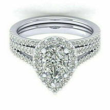 Pear Cut 2.85Ct Simulated Diamond Halo Bridal Ring Set 14K White Gold Si... - £227.59 GBP