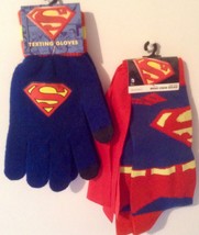 Men&#39;s Superman Superhero Stocking Stuffers Crewneck Socks &amp; Texting Gloves New - £19.04 GBP