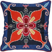 Throw Pillow Needlepoint Marianne 18x18 Gold Red Royal Blue Background Orange - £240.16 GBP