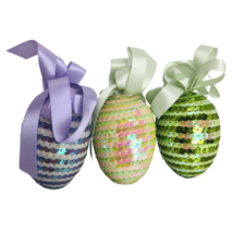 Easter Hanging Egg Ornaments 3-inch Sequins Stripes Multi Colors Decor Set of 3 - £8.65 GBP