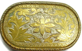 Western Silver Tone &amp; Gold Tone  Belt Buckle Floral Engraved Accents Rol... - £31.15 GBP