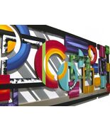 HUGE 7x3 Geometric Abstract Wood metal Wall Sculpture, colorful wall art - $2,375.99