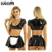 Cocktail Party Leather Latex French Maid Dress Cosplay Costumes Crop Top with Fl - £31.44 GBP
