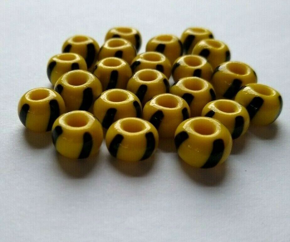 22 Czech Glass Yellow Black Bumblebee Beads Vintage 8mm 1940s Crafts Handmade - $23.28