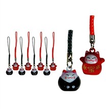 10 LUCKY CAT BELL CHARM Red Black Maneki Neko Mobile Cell Phone Strap Se... - £14.92 GBP