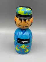 Vintage Kokeshi Doll Pencil Sharpener Hand Painted Wooden Blue Folk Art - $406.64 MXN