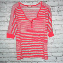 Union Bay Shirt Womens Small Pink Gray Striped Neon Button Front Henley - $15.95