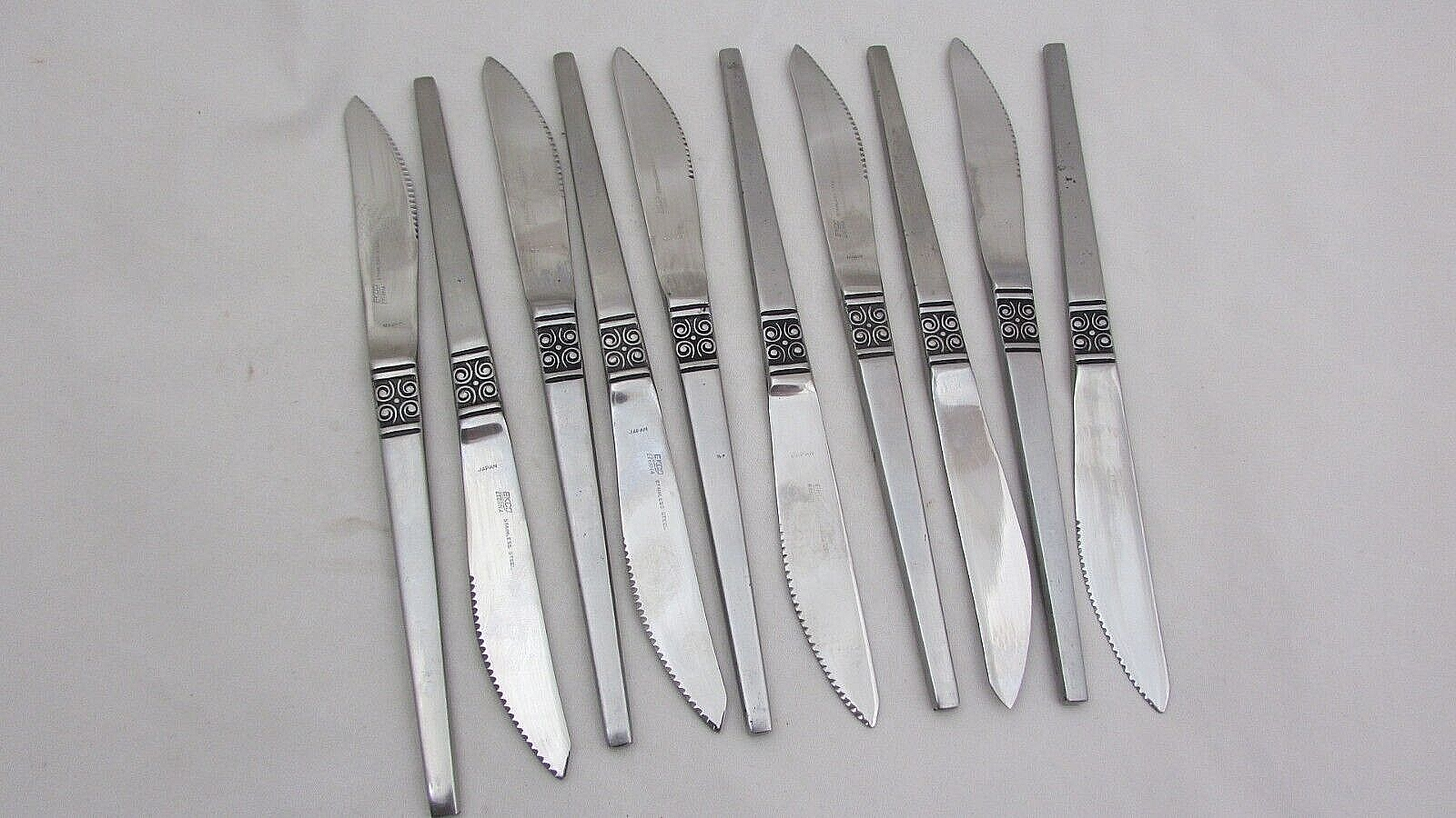 Primary image for 10 Ekco Eterna Gemini Steak Knives Japan MCM Scroll Serrated Blade