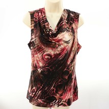 Alfani Womens Cowl Neck Tank Top M Medium Embellished Blouse Black Red Tan Swirl - £26.28 GBP