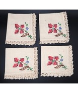 Vtg Linen Table Napkin Lace Edging &amp; Stitched Flower Set of 4 10.5&quot; Square - $466.21 MXN