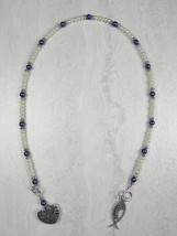 Blessed Heart Beaded Thong Bookmark Glass Pearl Handmade Navy Ecru New - £11.89 GBP