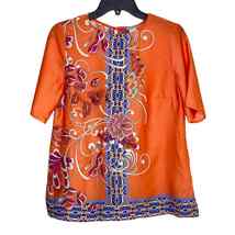 Chicos Blouse Top Women S Coral Floral Art Short Sleeve Round Neck Keyhole Back - £17.51 GBP