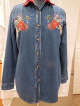 Bobbie Brooks women&#39;s long sleeve Christmas embroidered denim shirt size... - $14.84