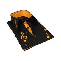 Men Axxess Turkey Shirt 100% Cotton Musical Note 224-56 French Cuffs Black Gold image 2