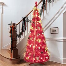 6FT Red Pop-Up Christmas Tree with 150 LED Lights, Ornaments, Easy Setup - $129.99