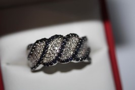 14K White Gold Pave Diamond Crossover Ring with Dark Blue Stones Size 7 - $607.40
