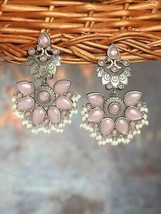 Pink Silver Oxidised Stones &amp; Beads Traditional Dangle Earring Women Jewelry - £16.47 GBP