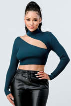 Hunter green White Long Sleeve Sweater Rib Cutout Mock Neck Crop Top - £14.21 GBP