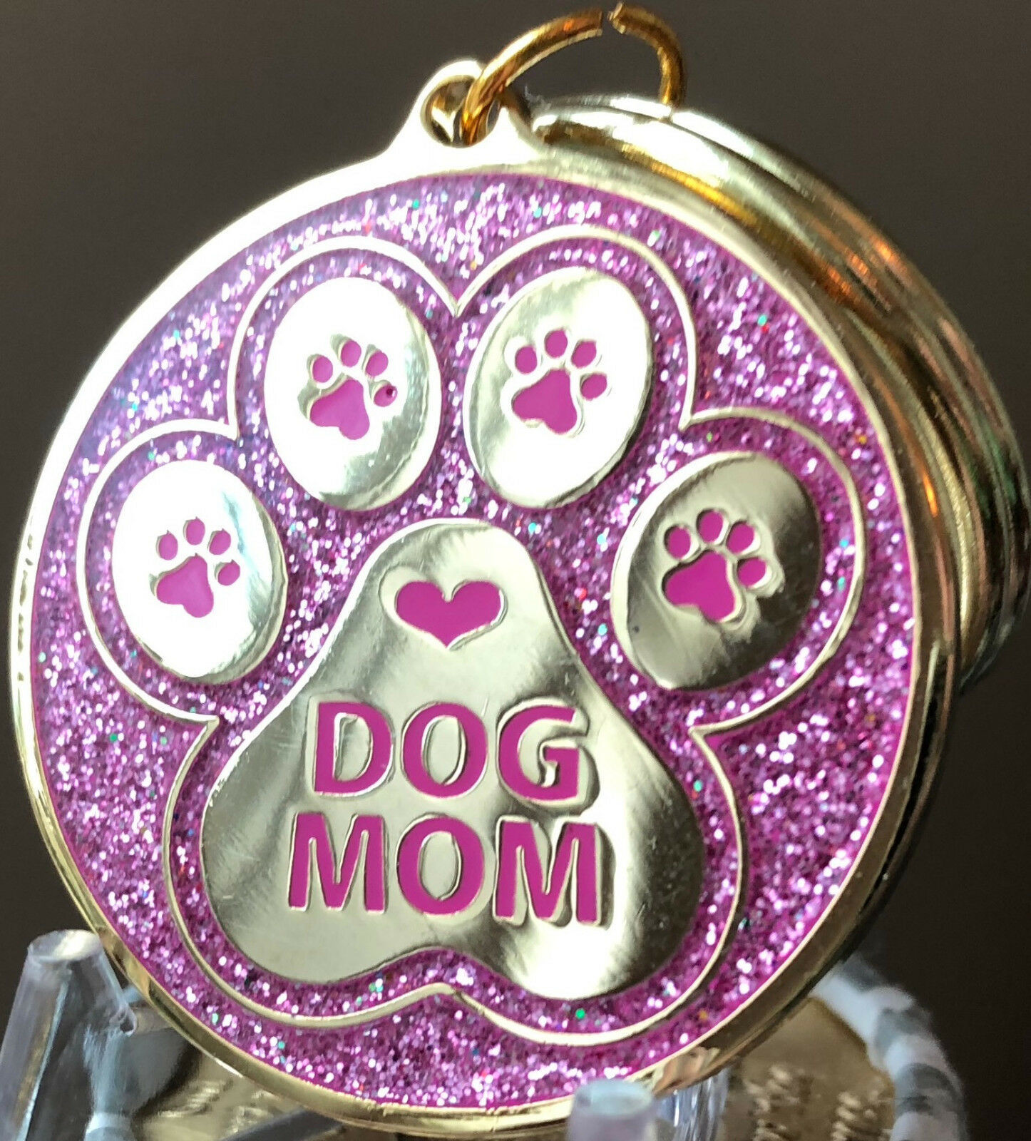 Dog Mom Keychain Pink Glitter Pawprint Heart Design Gold Plated A True Friend