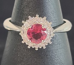 925 Sterling Silver Large Round Halo Red CZ Engagement Ring Size 8.5 - £14.69 GBP