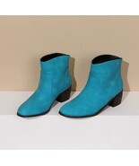 Genuinel Leather Suede Aqua Blue Western Style Short Ankle Boot Block Heel - $132.95