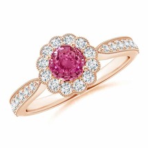 ANGARA Vintage Inspired Pink Sapphire Milgrain Ring with Halo in 14K Gold - £1,462.16 GBP
