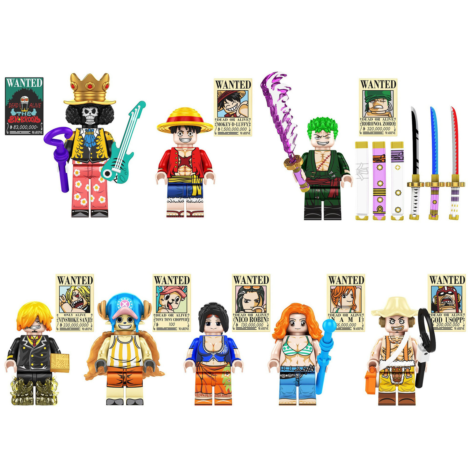 One Piece Brook Luffy Zoro Sanji Chopper Robin Nami Usopp 8pcs Minifigures Toys