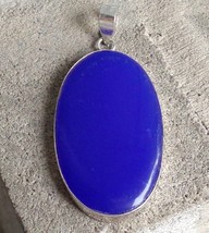 Chunky 2.5&quot; Silver Plated Royal Blue Glass Oval Pendant Womens Jewelry - £9.46 GBP