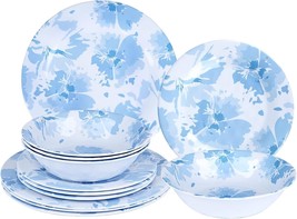 Melamine Dinnerware Set For 4 Modern Dishes Plates Bowls White Blue Flor... - £44.18 GBP