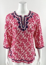 Talbots Tunic Top Small Petite Lobster Print Pink Navy Blue Embroidered Cotton - £23.36 GBP