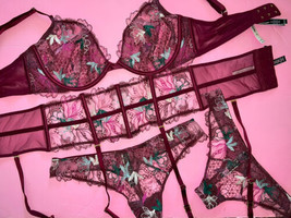 Victoria&#39;s Secret Unlined 38DD Bra Set+Garter+L Thong Lot Pink Kir Embroidered - £110.78 GBP