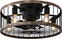 Ohniyou 20&#39;&#39; Low Profile Farmhouse Caged Ceiling Fan With Lights Remote Control - £153.42 GBP