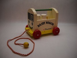 Vintage Playskool Dairy Wagon 2 Milk Jugs Red Wheels Pull String Yellow Base - £21.93 GBP