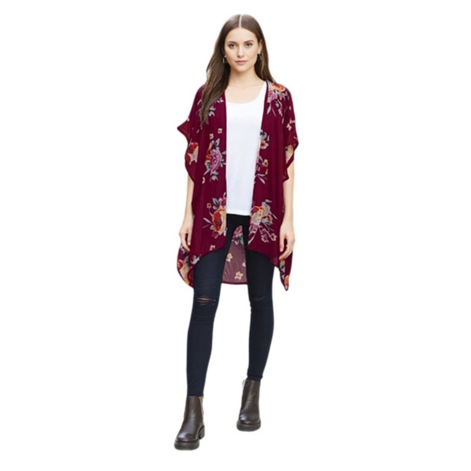West Coast Love Burgundy Red Floral Sheer Kimono Cardigan Size S/M - $17.82