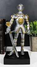 English Chivalrous Lion Coat Of Arms Knight With Sword Standing Guard Figurine - £30.36 GBP