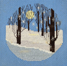 Finished Cross Stitch Moonlit Snowy Winter Forest Snowflakes Falling 8.5... - $24.06