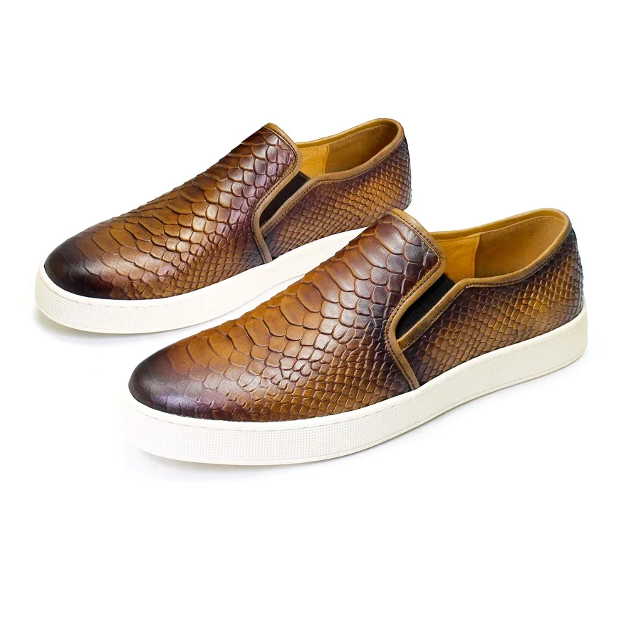 High-end Leather Men&#39;s Shoes Comfortable Flat Casual Shoes Fish Snake Pa... - $113.64