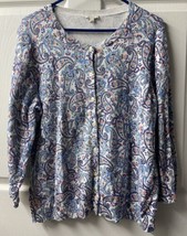 Talbots Long Sleeved Cardigan Womens Size L Blue Paisley Tight Knit Round Neck - £10.63 GBP