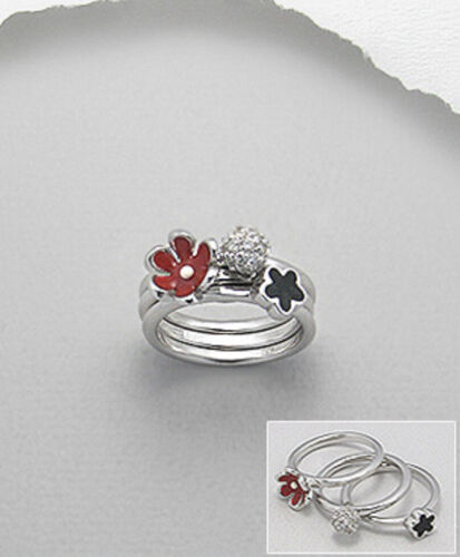 Sterling Silver Enamel Flower CZ Stack Ring Set Sz 7 - $27.71