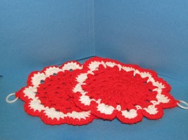 crocheted DOILIES, red/white w/plastic ring hanger 8&quot; diameter - £4.67 GBP
