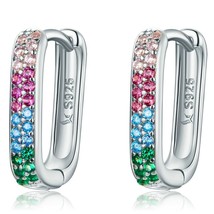 Bamoer 925 Silver Clear Zircon Square Hoops Earrings, Women Rainbow Green Huggie - £18.85 GBP