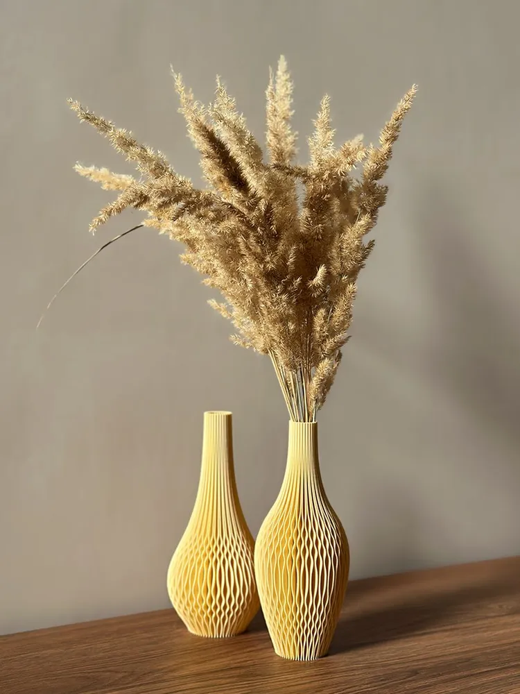 Set of 2 Yellow 3D-Printed PLA Vases – 20 cm Minimalist Dry Flower Decor - $937.69 MXN