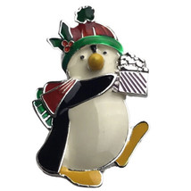 Penguin Pin Christmas Present Brooch Holly Enamel Winter Hat Scarf - $10.00