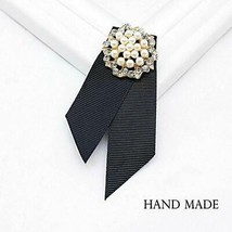 Women Pearls Vintage Brooch Ribbon Small Black Bow Collar Pins shirt tie Cravat - £5.05 GBP