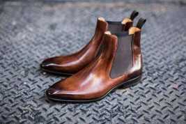 New Handmade Men&#39;s Brown Leather Chelsea Boots Chiseled Toe Dress Formal Shoes - £127.42 GBP