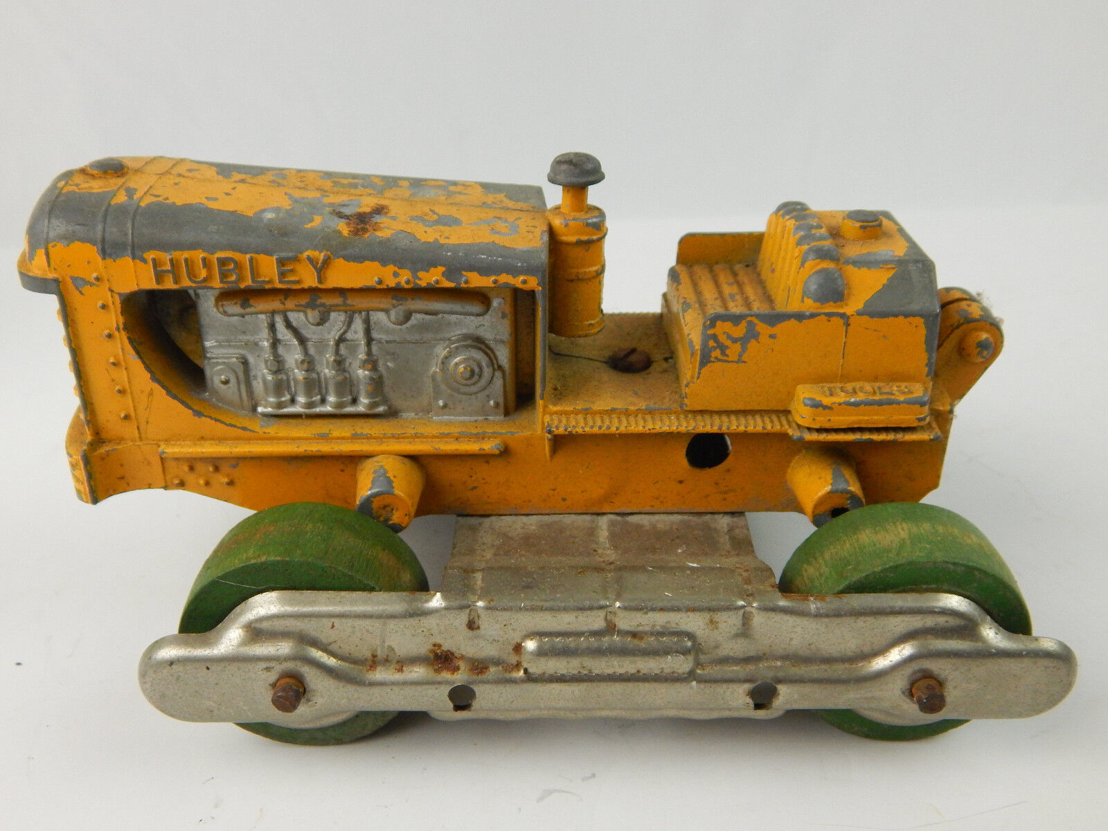 Vintage Hubley Yellow & Green Wooden Wheel Bulldozer Die Cast Farm Machine - $30.09
