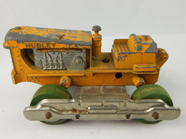 Vintage Hubley Yellow &amp; Green Wooden Wheel Bulldozer Die Cast Farm Machine - £23.52 GBP