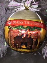 Vintage Bless our house Christmas ORNAMENT Satin Ball 3&quot; fire place tree - £6.26 GBP
