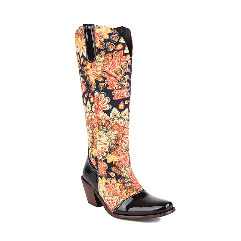 Phoentin Flower Print Knee High Heel Boots work Women&#39;s High Boot Middle Heel bo - £106.26 GBP